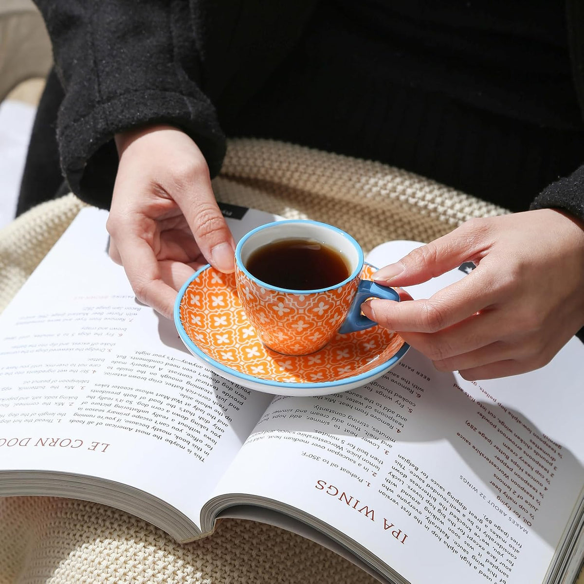 Ceramic 2 OZ Espresso Cups with Saucers, Set of 6, Assorted Colors