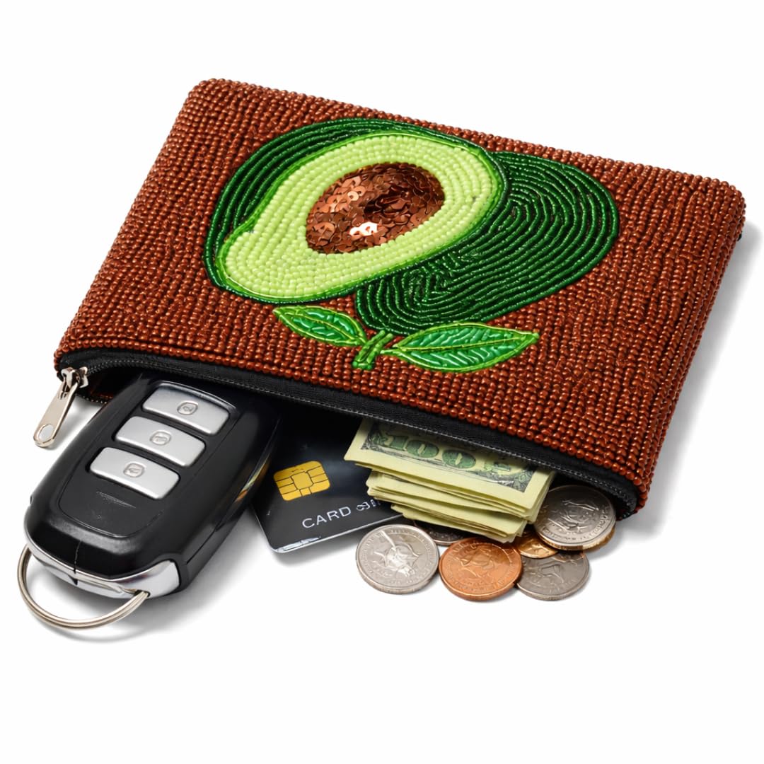 Beaded Coin Purse Change Zipper Pouch Wallet Avocado Design
