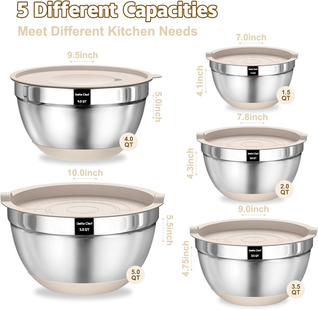 Mixing Bowls with Airtight Lids Set, 8PCS Stainless Steel Nesting Bowls with Grater Attachments, Non-Slip Bottoms, 5