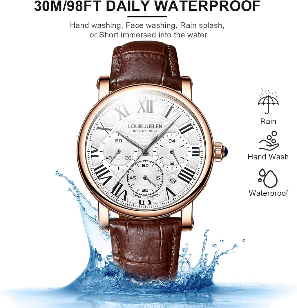 Men's Business Watch, Chronograph Quartz Analog Watch, Leather Strap | Stainless Steel, Roman numerals, Analog