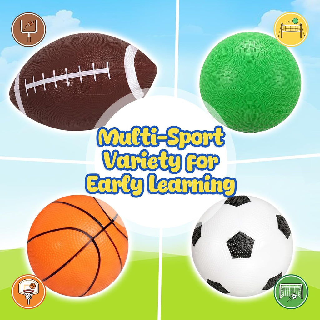 4-Pack Sports Balls, 5-Inch Soccer Ball, Basketball, Playground Balls & 7 Inches Footballs for Toddlers Adult, Party