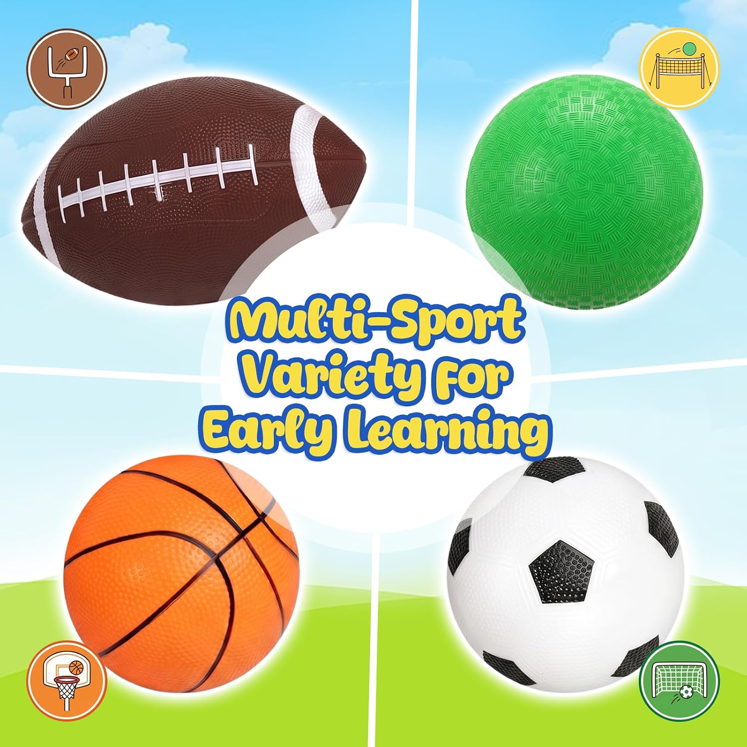 4-Pack Sports Balls, 5-Inch Soccer Ball, Basketball, Playground Balls & 7 Inches Footballs for Toddlers Adult, Party