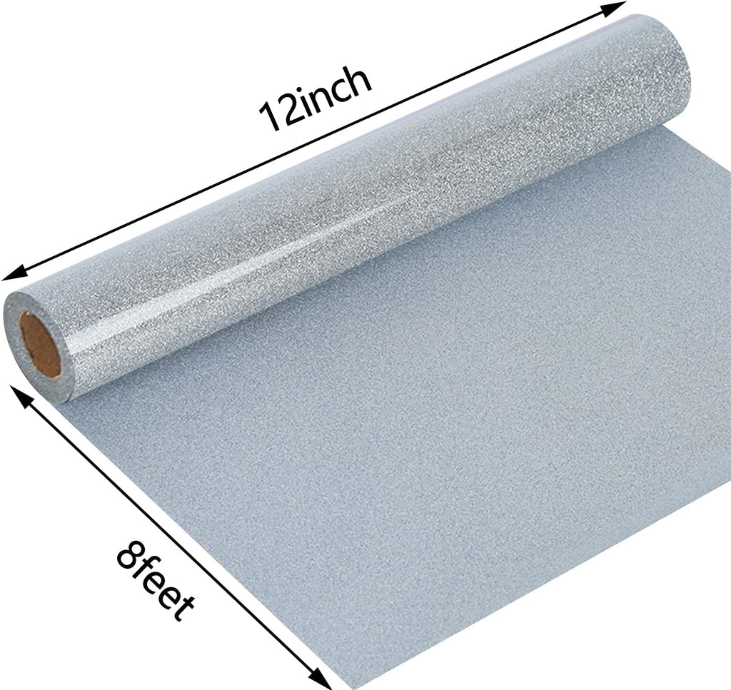 Glitter HTV Heat Transfer Vinyl Rolls, Silver 12" x 8ft | Glitter Iron on Vinyl for T Shirts, HTV Vinyl for All