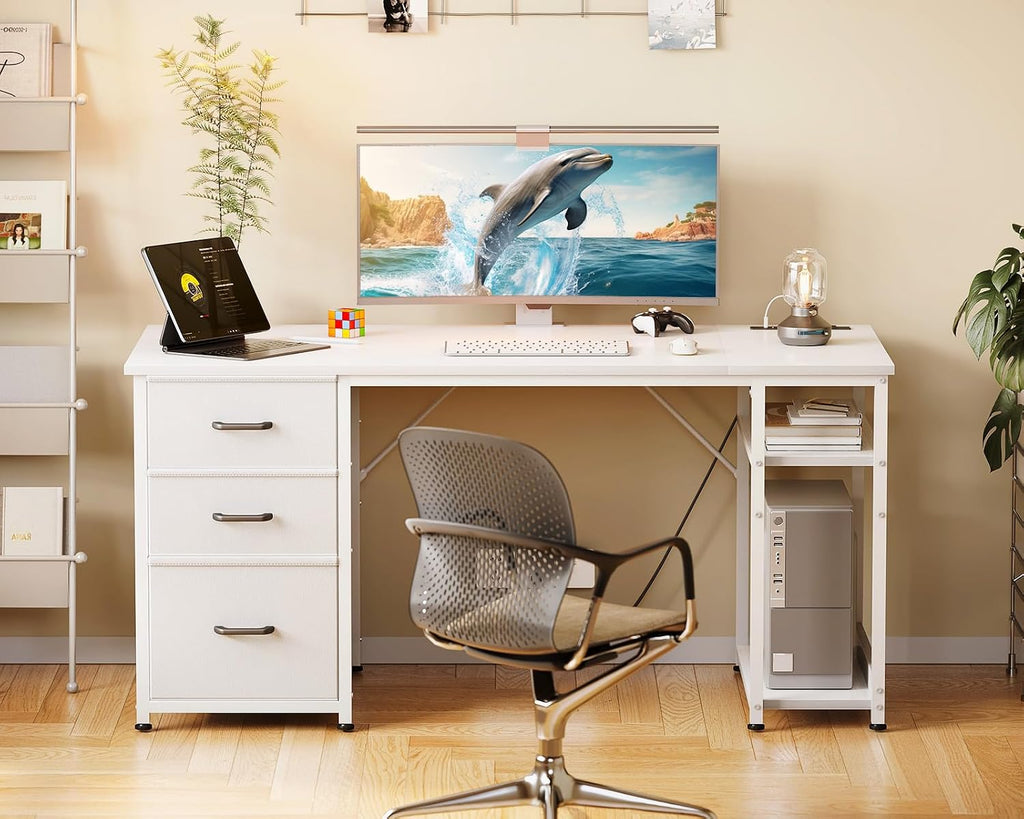 51 Inch Computer Desk with Drawers & USB Power Outlets - Reversible Home Office Desk with Storage Shelves, Work from
