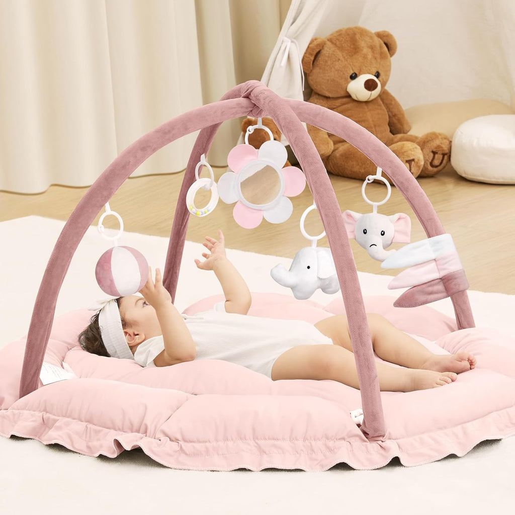 5 in 1 Baby Play Gym Mat, Reversible Tummy Time Mat with 5 Sensory Toys for Stage-Based Developmental, Thick & Large