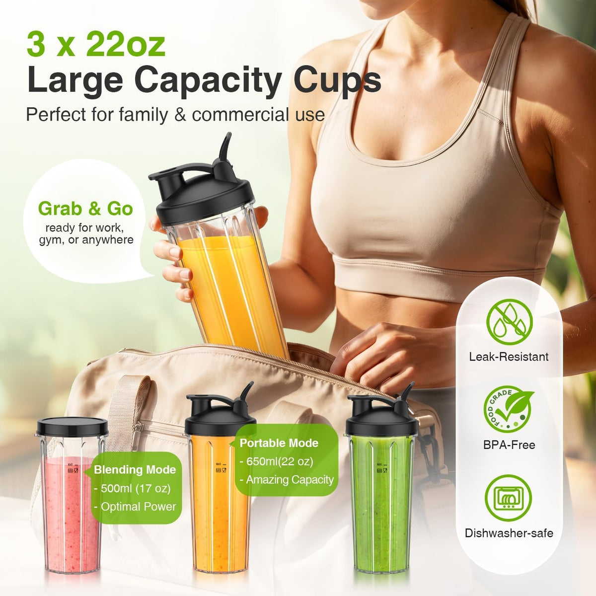 Personal Blender for Smoothies with 3 x 22oz To-go Cups, BL319B Black | 22000 RPM Detachable Blade Countertop