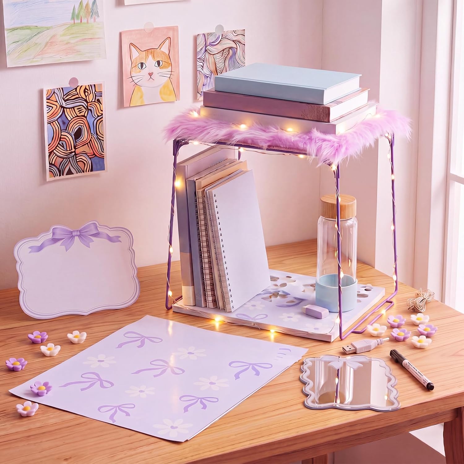 18 Pcs Locker Accessories Kit Bow Locker Organizer Decoration Supplies Shelf Mangentic Wallpaper Whiteboard Mirror