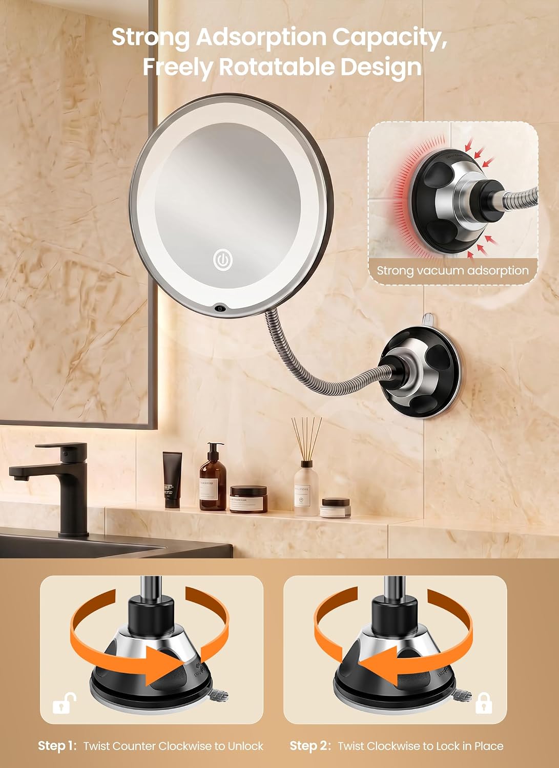 10x Makeup Mirror with Lights, Flexible Magnifying Mirror 3 Light Modes | Wall-Mounted Lighted Vanity Makeup Mirror