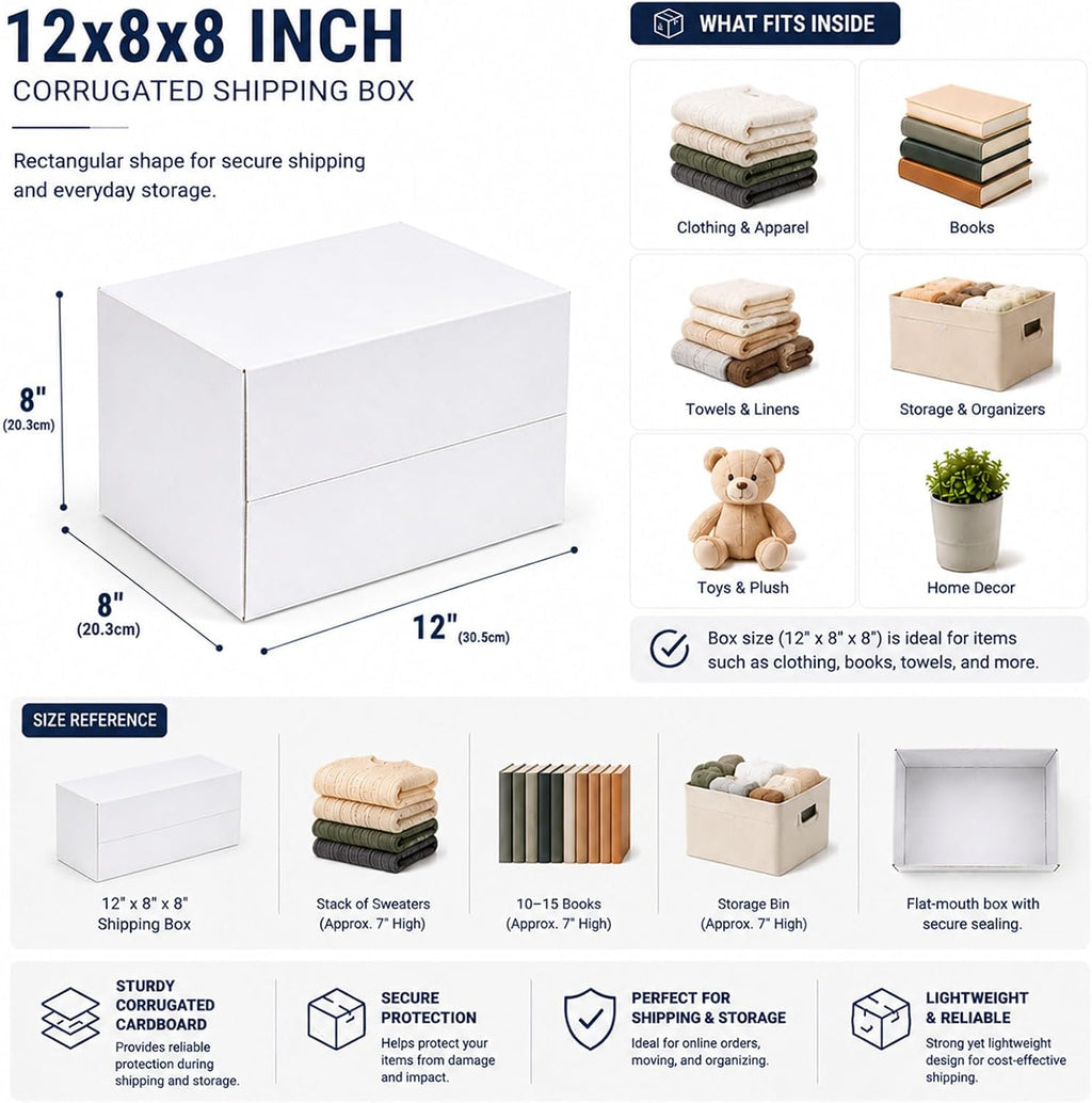 12x8x6 White Shipping Boxes, 25 Pack