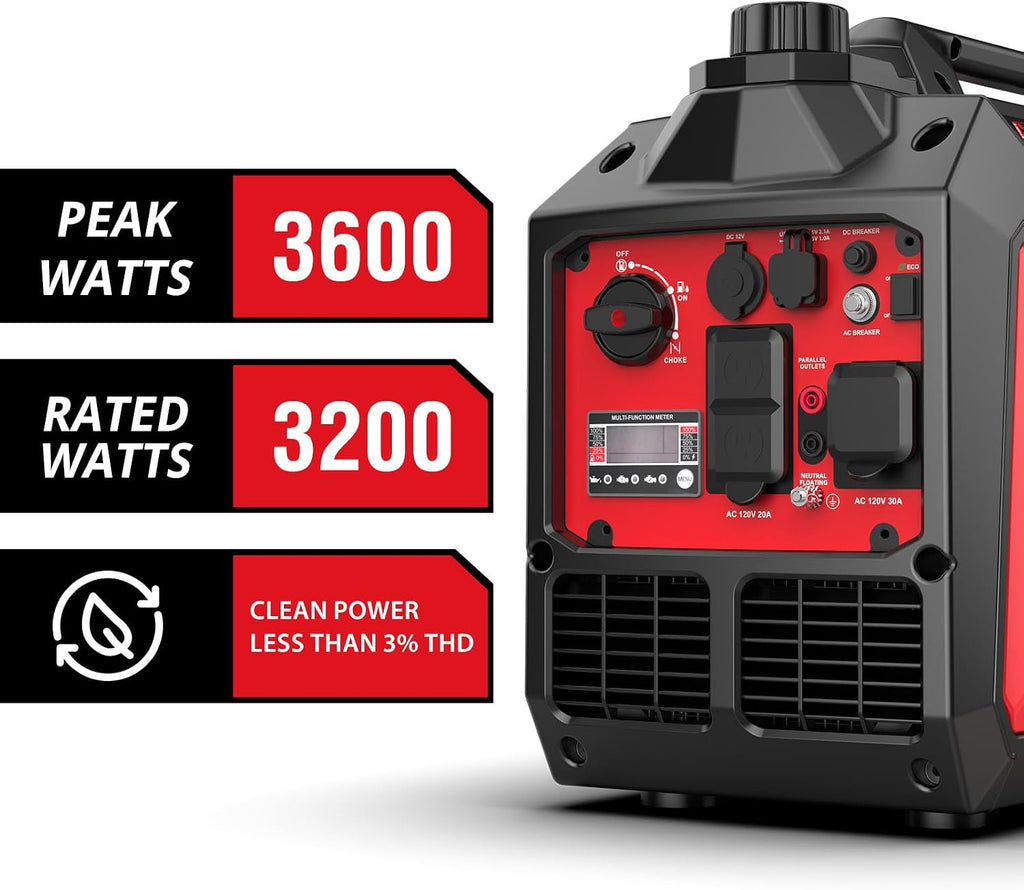 3600 Watt Portable Inverter Generator | Long Runtime 8 Hours; Super Quiet 59dBA; Clean Power; Parallel Ready; 30 Amp