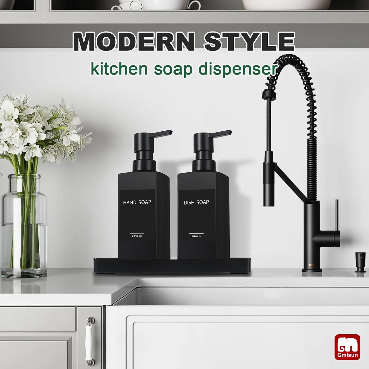 Kitchen Soap Dispenser Set, Hand and Dish Soap Dispensers, 12 fl oz/350 ml Black Soap Dispenser with Tray, Glass Dish