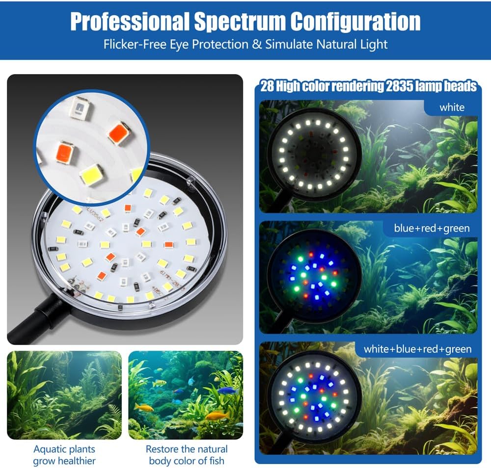 Clip On Aquarium Light 8W LED Fish Tank Light with Full Spectrum & Dimmable Brightness USB Moving Aquarium Lamp for