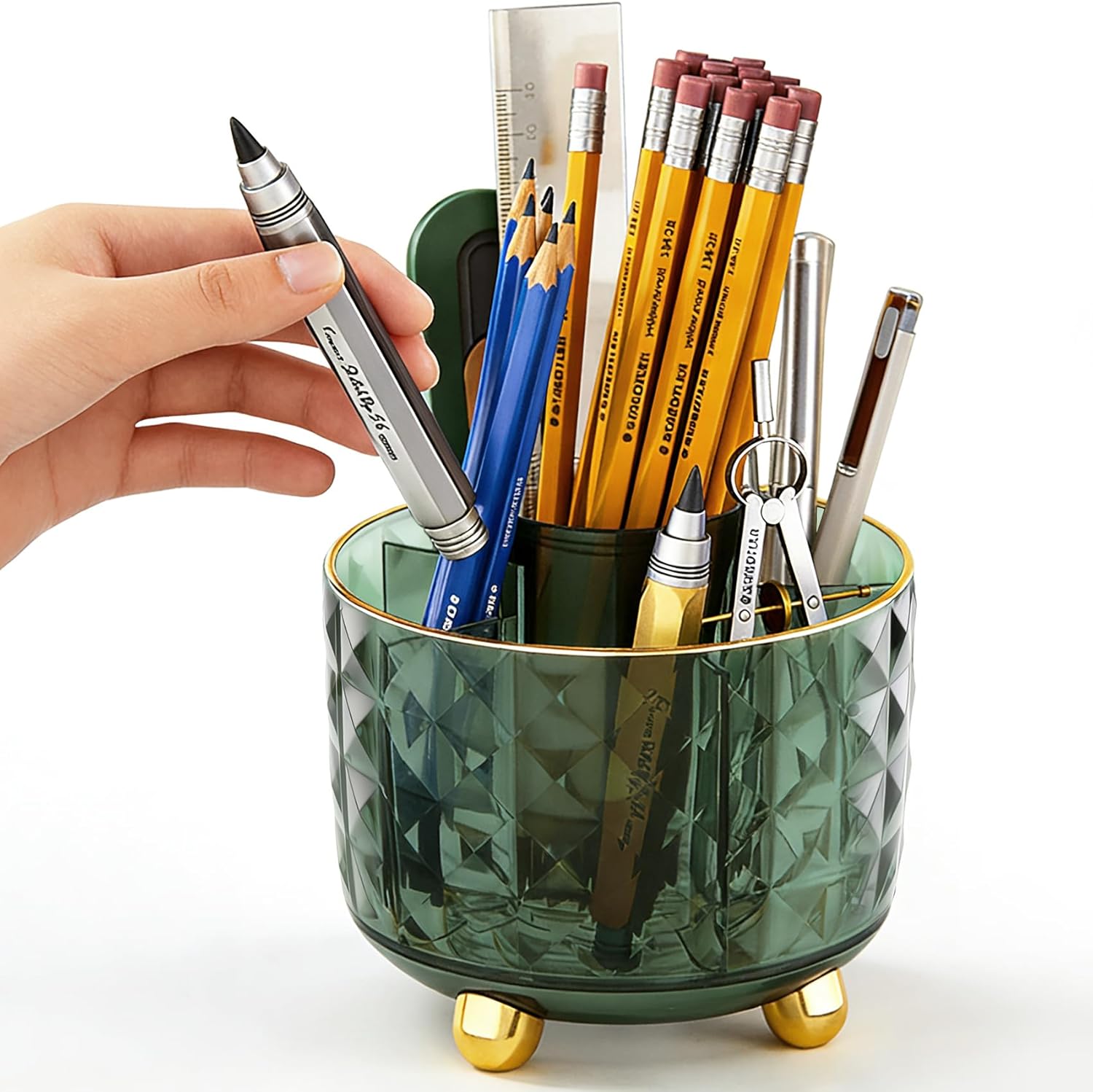 Dark Green Pen Pencil Holder for Desk, 360° Rotating Pen Organizer, Green Office Supplies, Cute Pen Holder