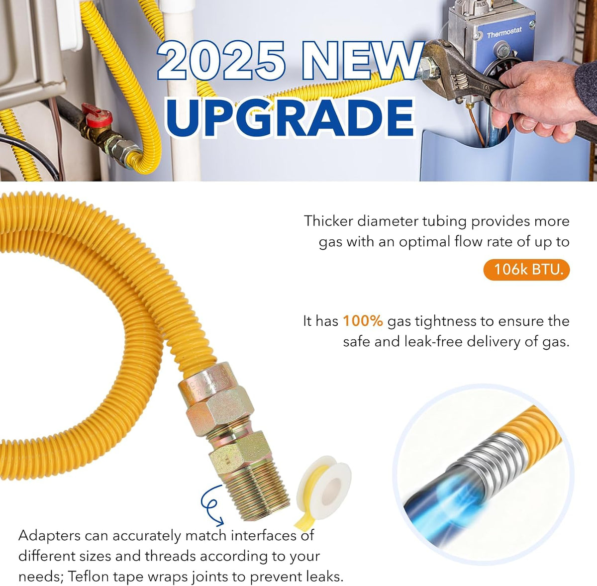 48" Flexible Gas Line Kit for Dryer/Stove,5/8" OD x 3/4" & 1/2" Connectors