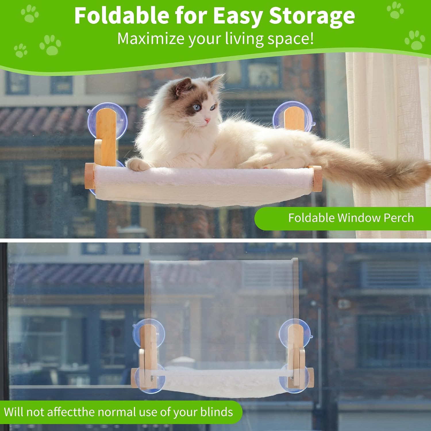 Cat Window Perch with Wooden Frame – Aloxina Foldable Cat Hammock Bed for Indoor Cats, Soft Rabbit Fur Cover