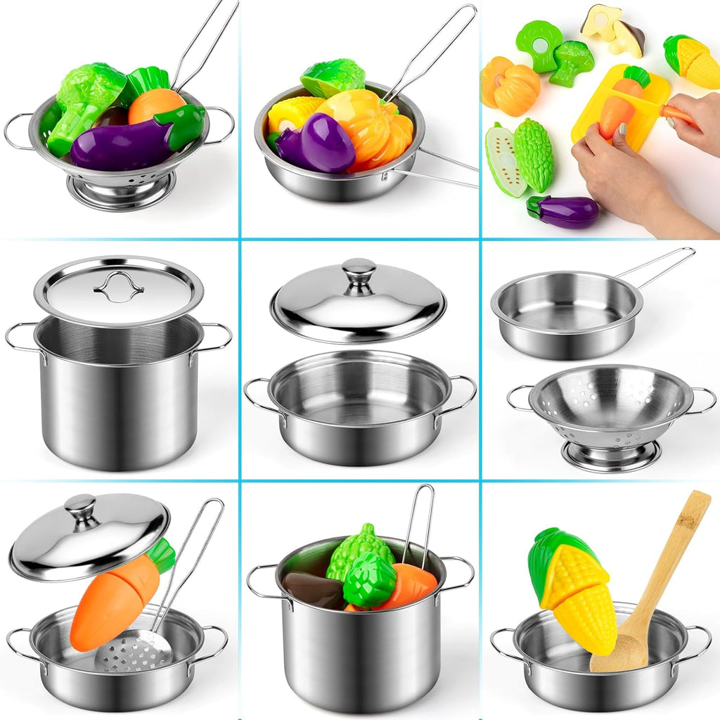 Kitchen Pretend Play Toys with Stainless Steel Cookware Pots and Pans Set, Cooking Utensils, Apron & Chef Hat