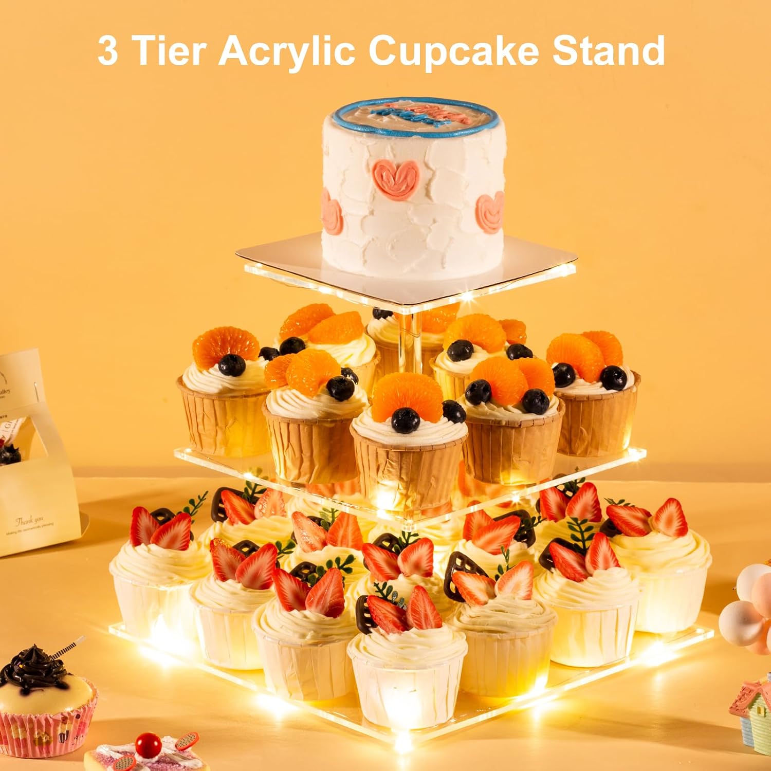 3 Tier Cupcake Stand Cupcake Holder, Acrylic Cupcake Tower with LED Yellow Light for 24 Cupcakes, Dessert Table