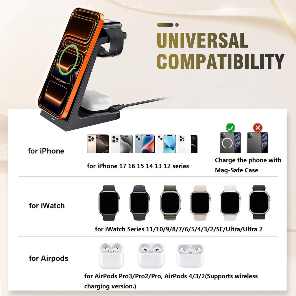 25W Magnetic Wireless Charging Stand for Mag-Safe, 3 in 1 Fast Wireless Charger Station for iPhone 17 Pro Max/17