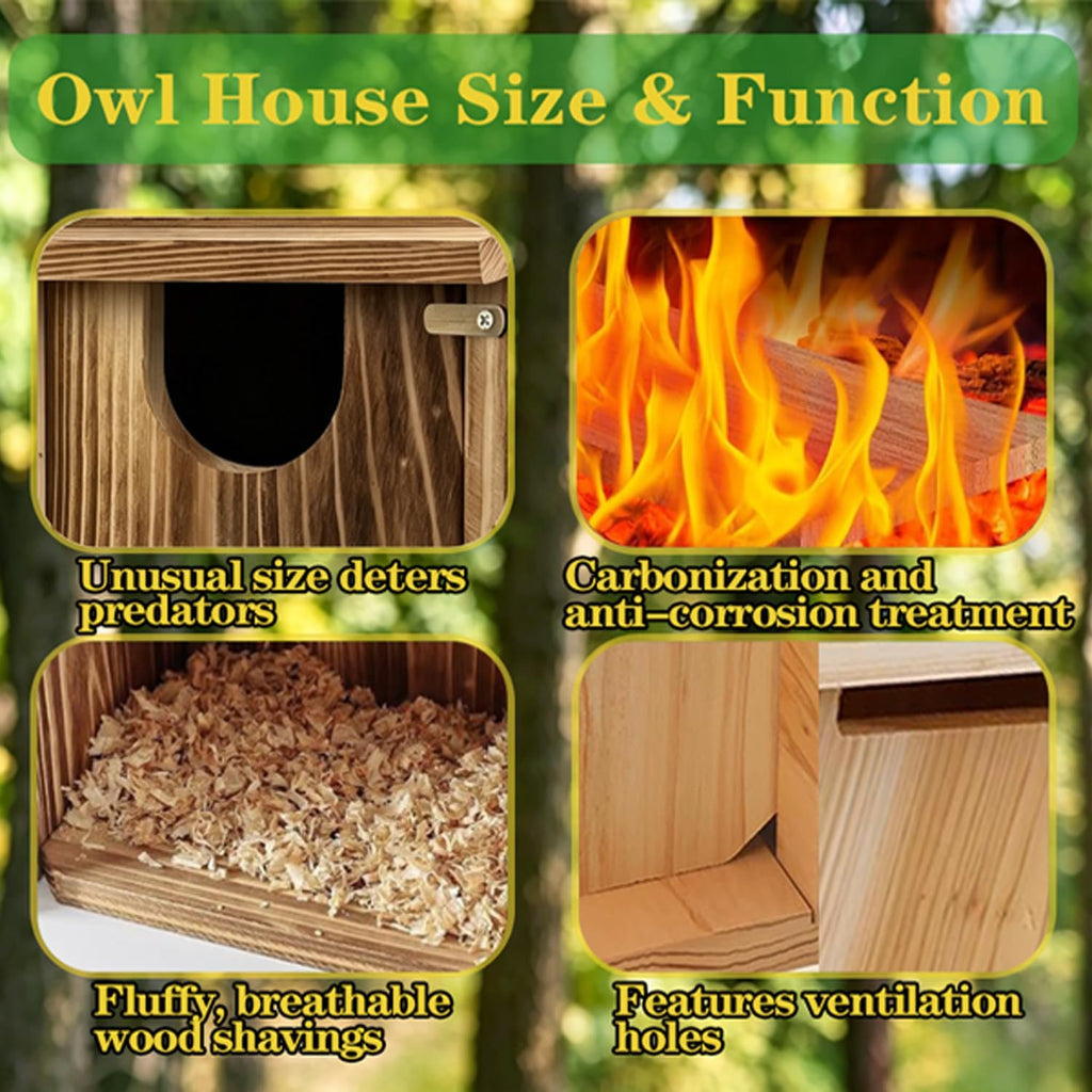 Carbonized Pine Owl Box, Screech Owl Nesting Box 14"x9"x9"
