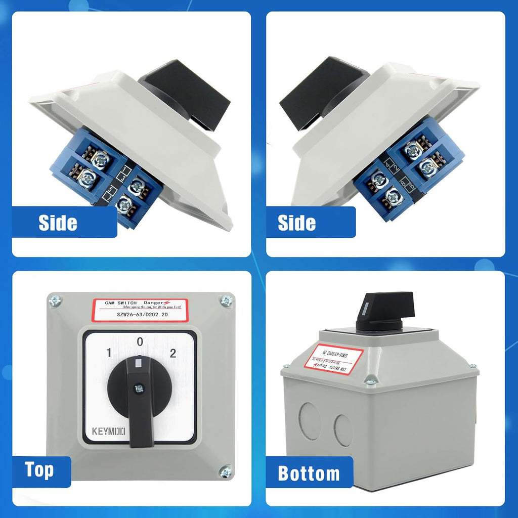 63A 660V 2 Pole Rotary Changeover Switch with Outer Box, 3 Position ON-Off-ON, 2NO 2NC 8 Terminals Universal Selector Switch for Motor Control, Electric Power Control