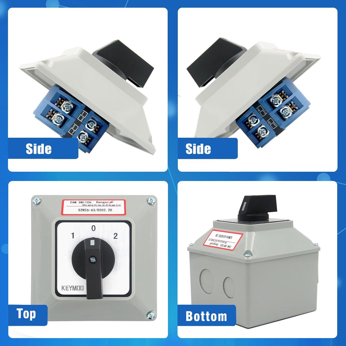 63A 660V 2 Pole Rotary Changeover Switch with Outer Box, 3 Position ON-Off-ON, 2NO 2NC 8 Terminals Universal Selector Switch for Motor Control, Electric Power Control