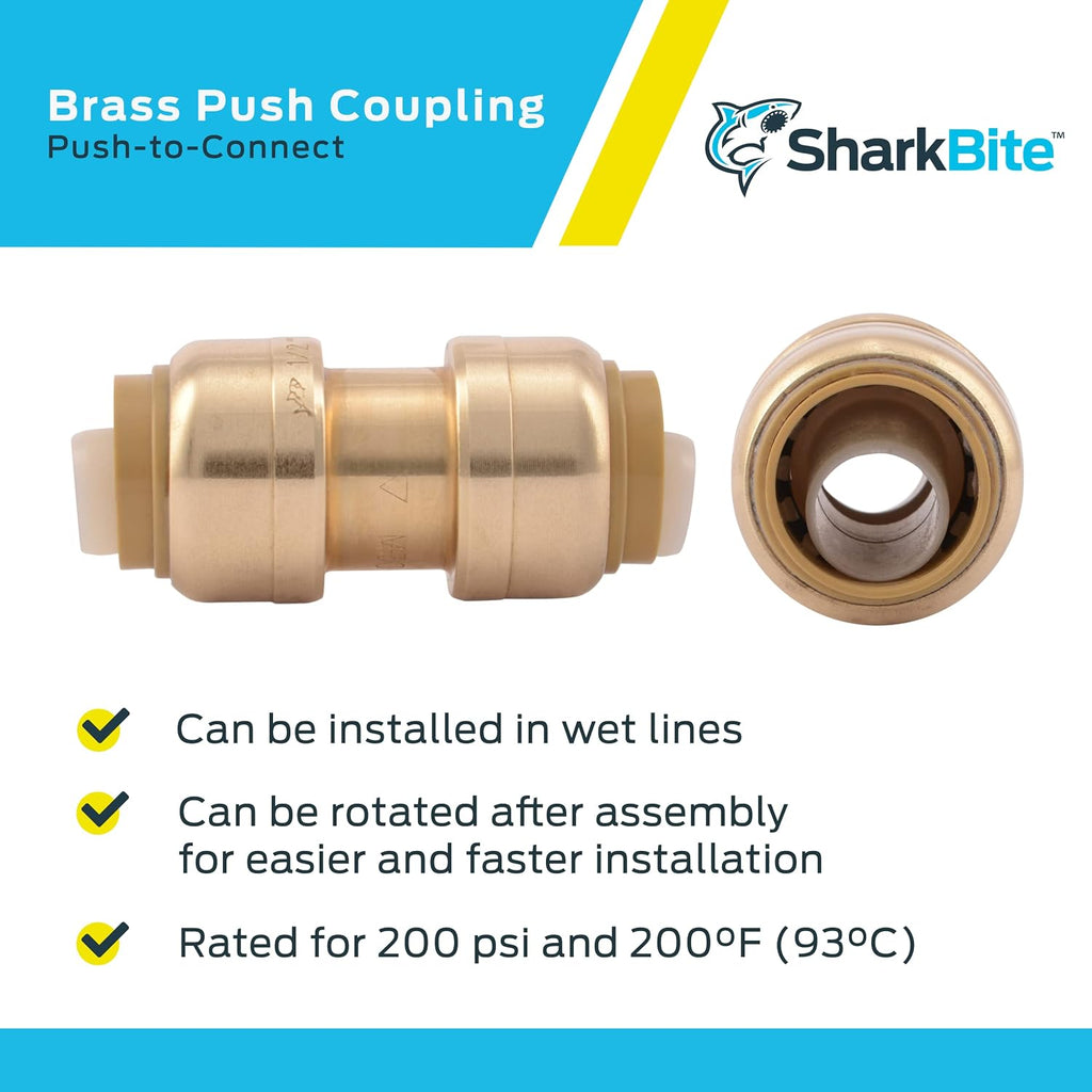 SharkBite 1/2 Inch Coupling, Pack of 4, Push to Connect Brass Plumbing Fitting, PEX Pipe, Copper, CPVC, PE-RT, HDPE, U008LFA4