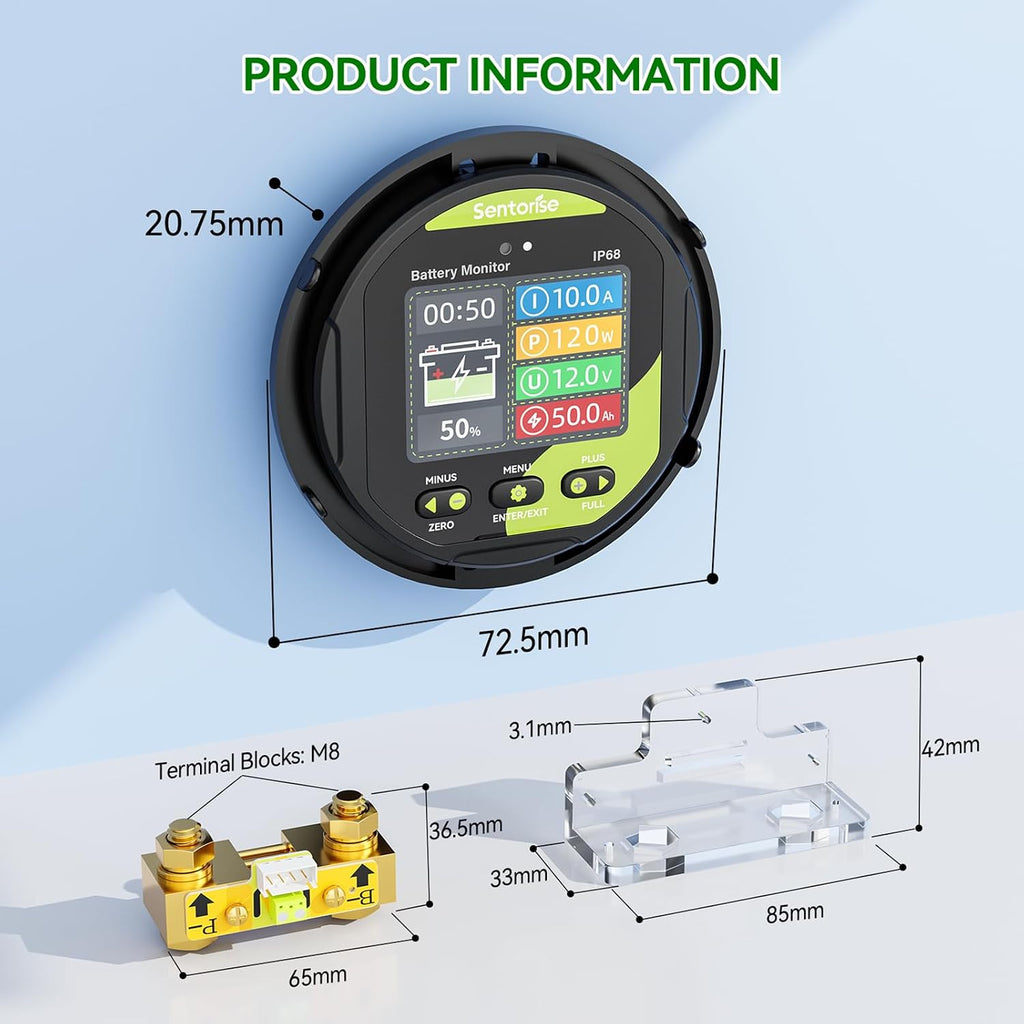 0-500A Battery Monitor with Shunt, 8-120V IP68 Waterproof LCD Screen with Buzzer Alarm for RV Solar Marine Off-Grid