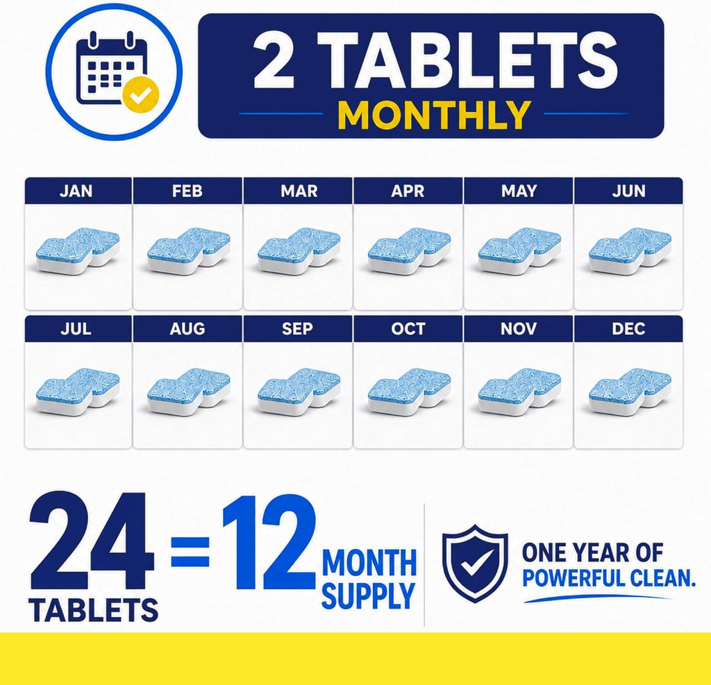 Washing Machine Cleaner Tablets, 24 Pack, 1 Year Supply - Descaler & Deodorizer for HE, Front Load & Top Load