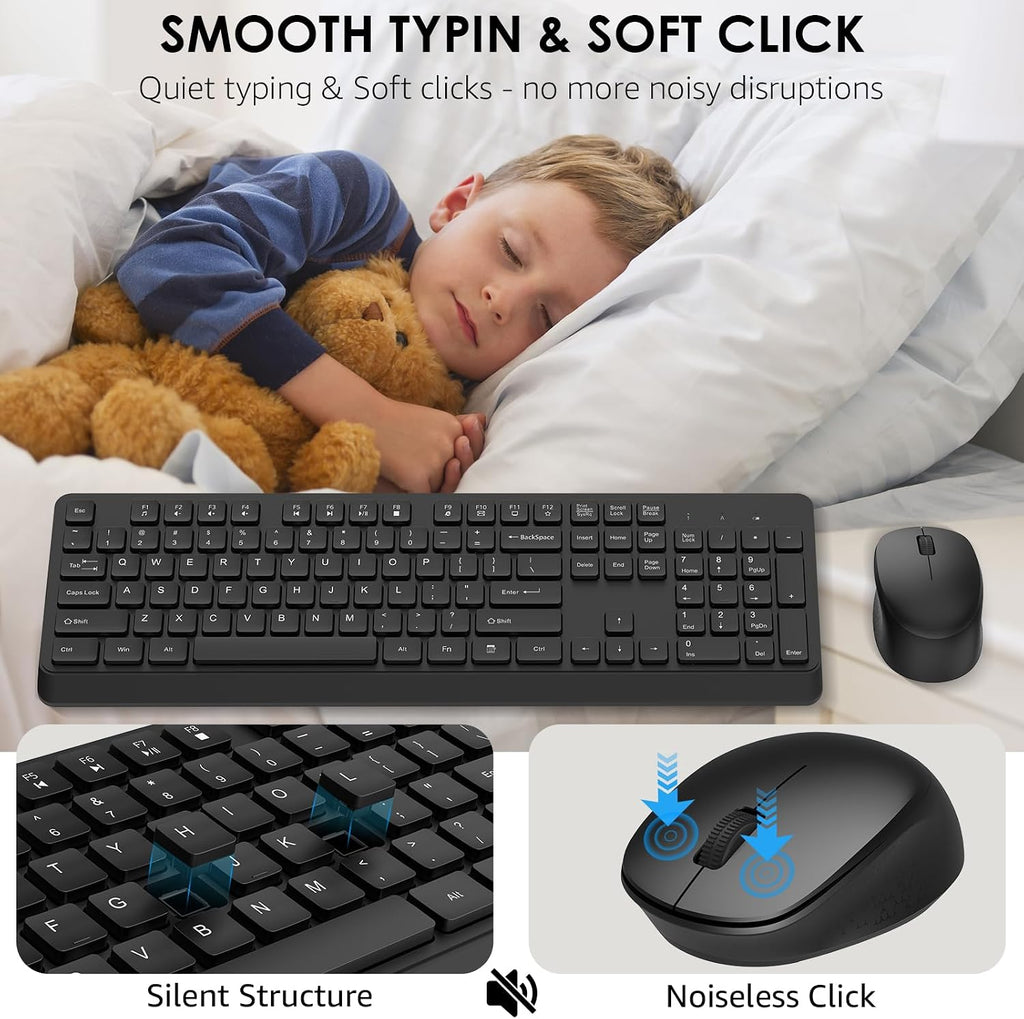 BKA BYA Wireless Keyboard and Mouse Combo,Full Size Quiet Keyboard and Mouse, 2.4GHz USB Receiver, Cordless Silent