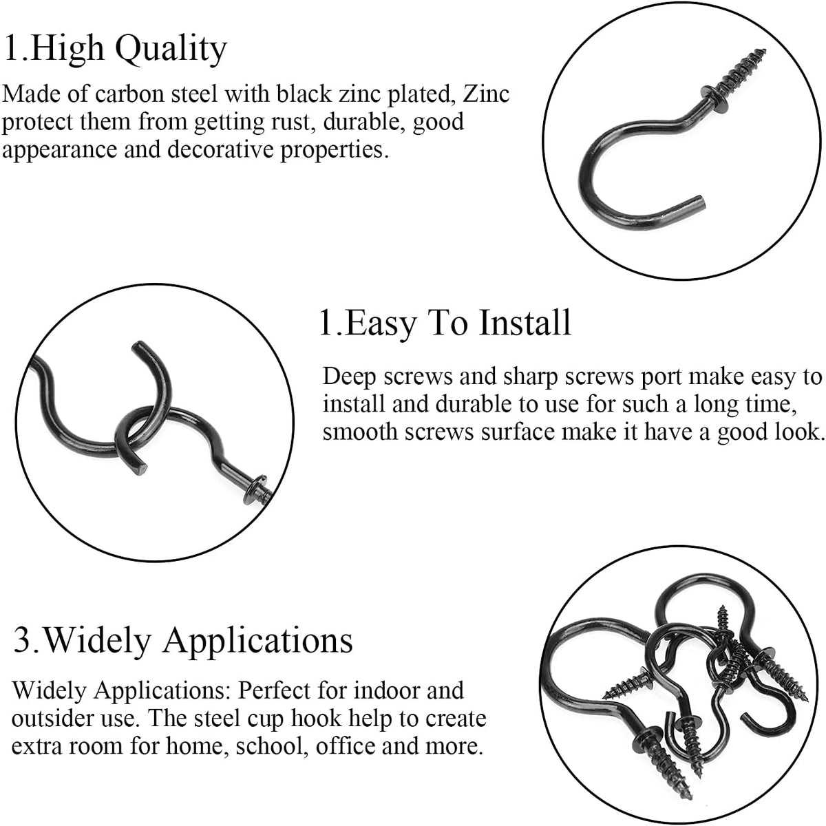 136PCS 7-Sizes Screw-In Hook Kit, Black Zinc Plated Cup Hooks for Home, Office & Workplace (1/2", 5/8", 3/4", 7/8"