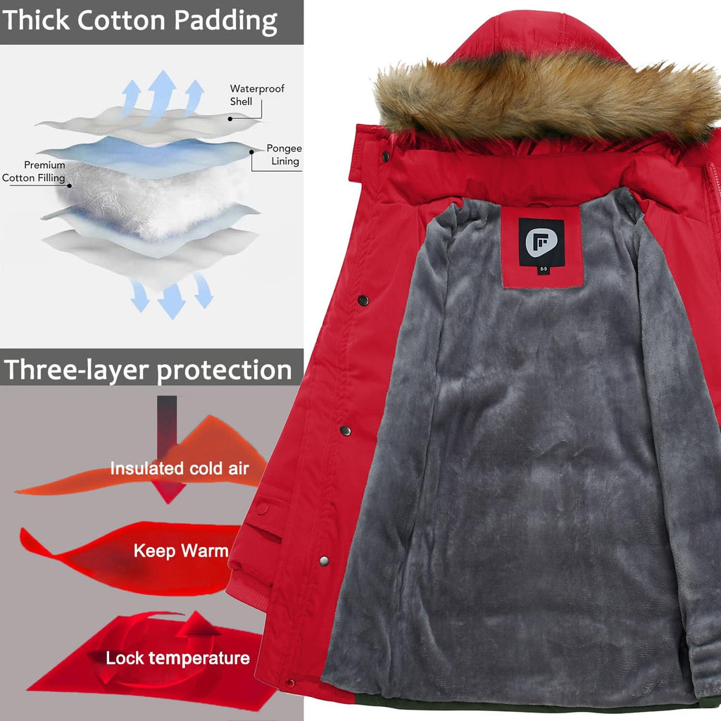 Boy Winter Coat Warm Quilted Puffer Water Resistant Parka Jacket with Detachable Fur Hood for Big Boys