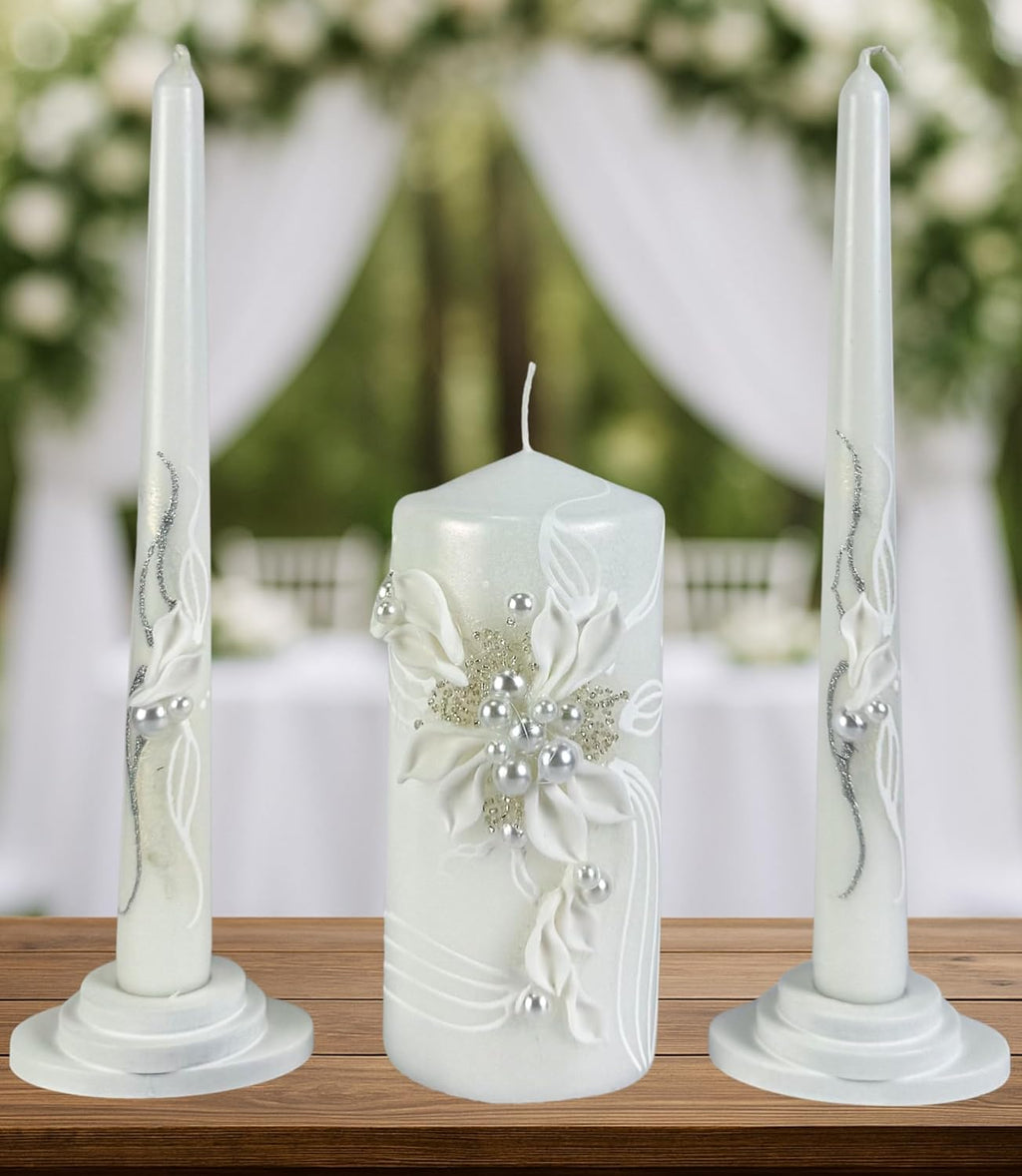Pearl Bloom Unity Candle Set for Wedding Ceremony, Handmade White Floral Wedding Unity Candles, Unscented 6" Pillar &