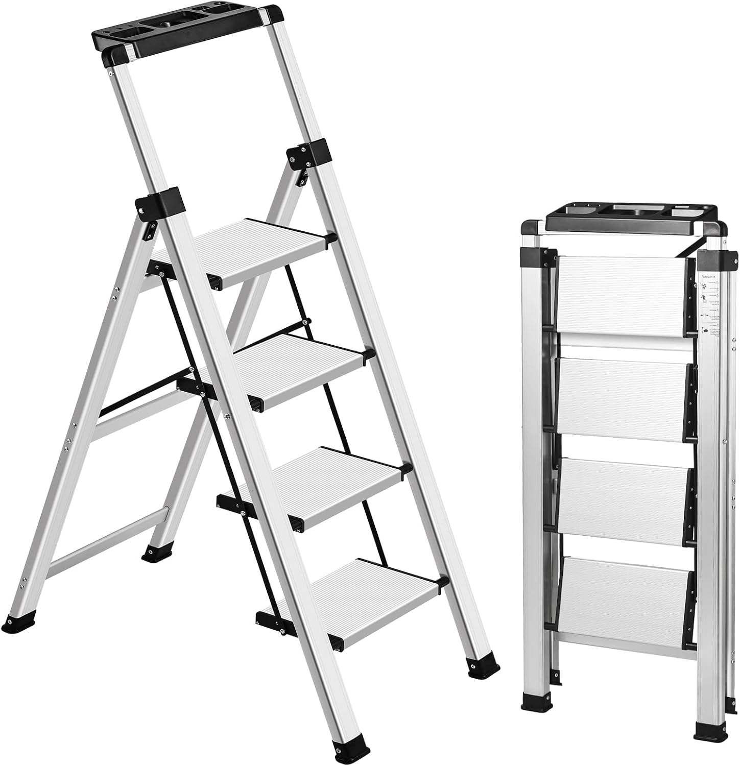 4 Step Ladder, Retractable Handgrip Folding Step Stool with Anti-Slip Wide Pedal, Aluminum Stool Ladders 4 Steps