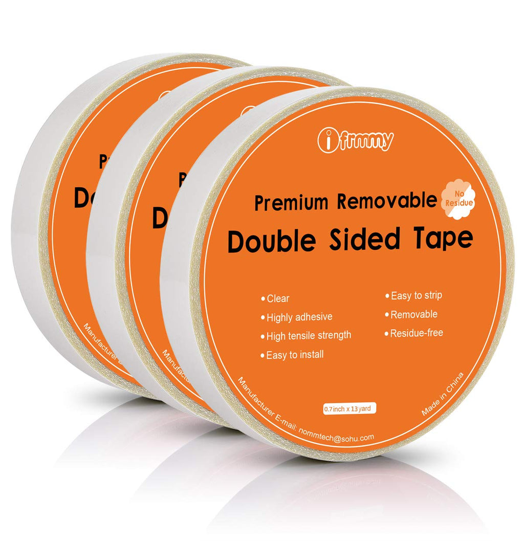 Removable Clear Double Sided Sticky Tape - No Residue, 0.7 Inches x 13 Yards (3 Rolls)