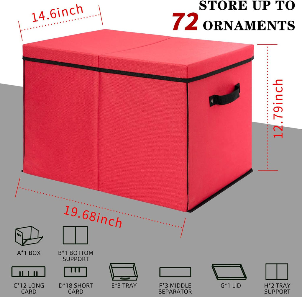 Christmas Ornament Storage Box with Adjustable Dividers, Large Holiday Ornaments Storage Container Bin with Lid for