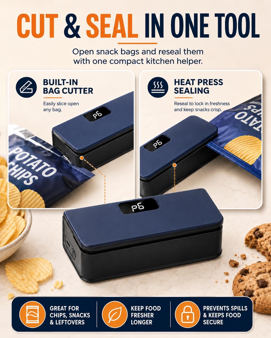 Bag Sealer Mini Chip Heat Press and Seal Magnetic Fridge Resealer Snap Machine for Rechargeable Handheld Refri