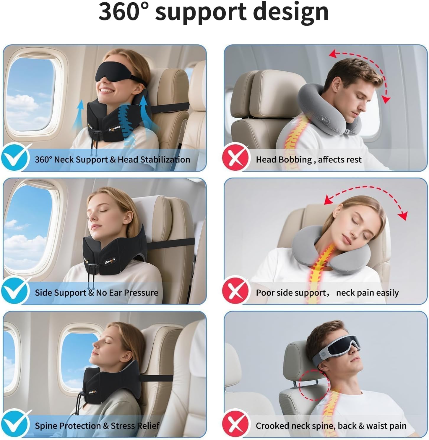 Patented Head-Bobble-preventing Ergonomic 360° Supporting Golden Formula Memory Foam Travel Neck Pillow w/3D