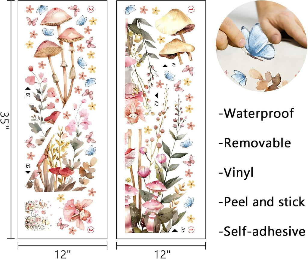 Fairy Mushroom Wall Decals for Nursery, Watercolor Floral Wall Stickers | with Butterflies and Flowers, Peel and