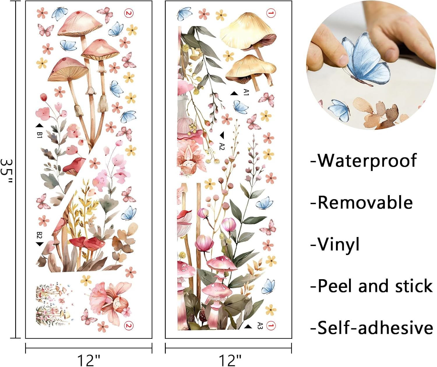 Fairy Mushroom Wall Decals for Nursery, Watercolor Floral Wall Stickers | with Butterflies and Flowers, Peel and