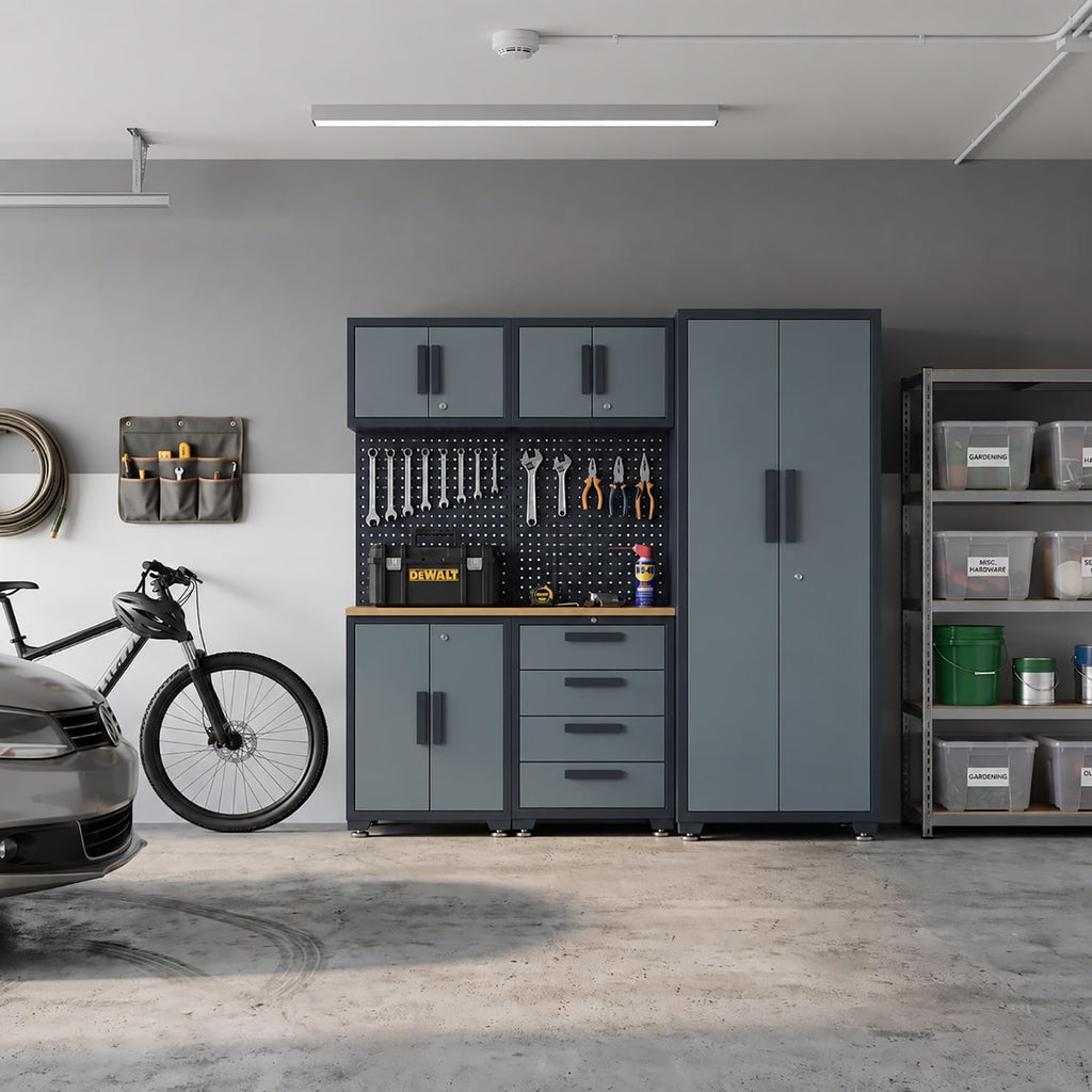 6-Pack Garage Storage Cabinet System with Workbench and Pegboard
