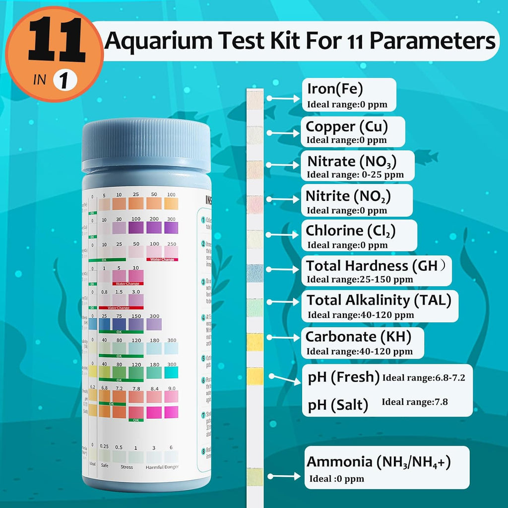 11 in 1 Aquarium Water Test Kit,Fish Tank Freshwater Ammonia Test Strips