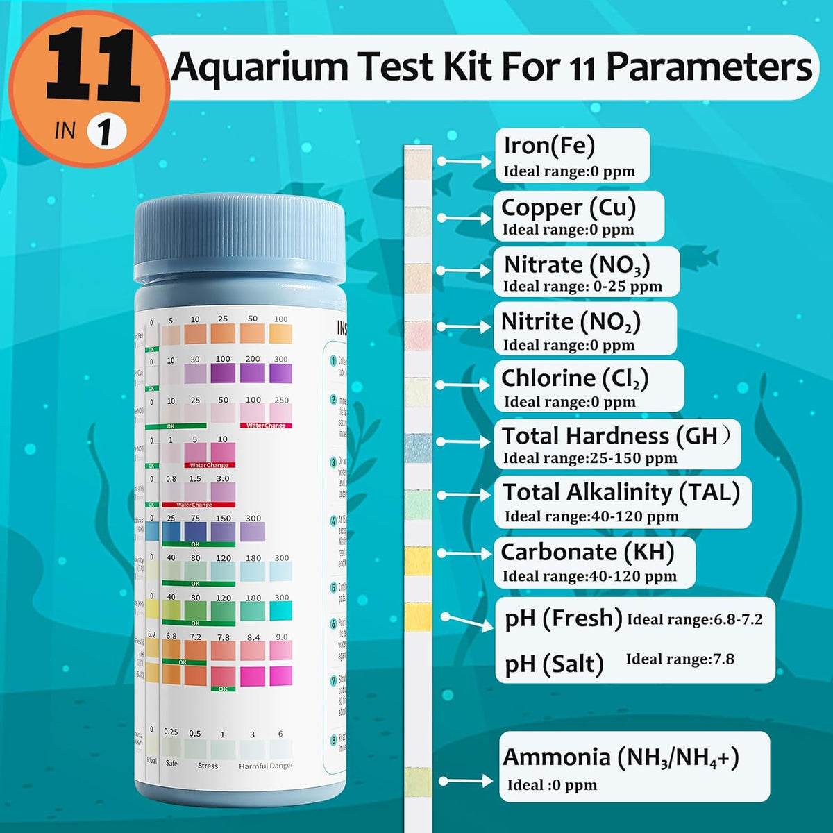 11 in 1 Aquarium Water Test Kit,Fish Tank Freshwater Ammonia Test Strips