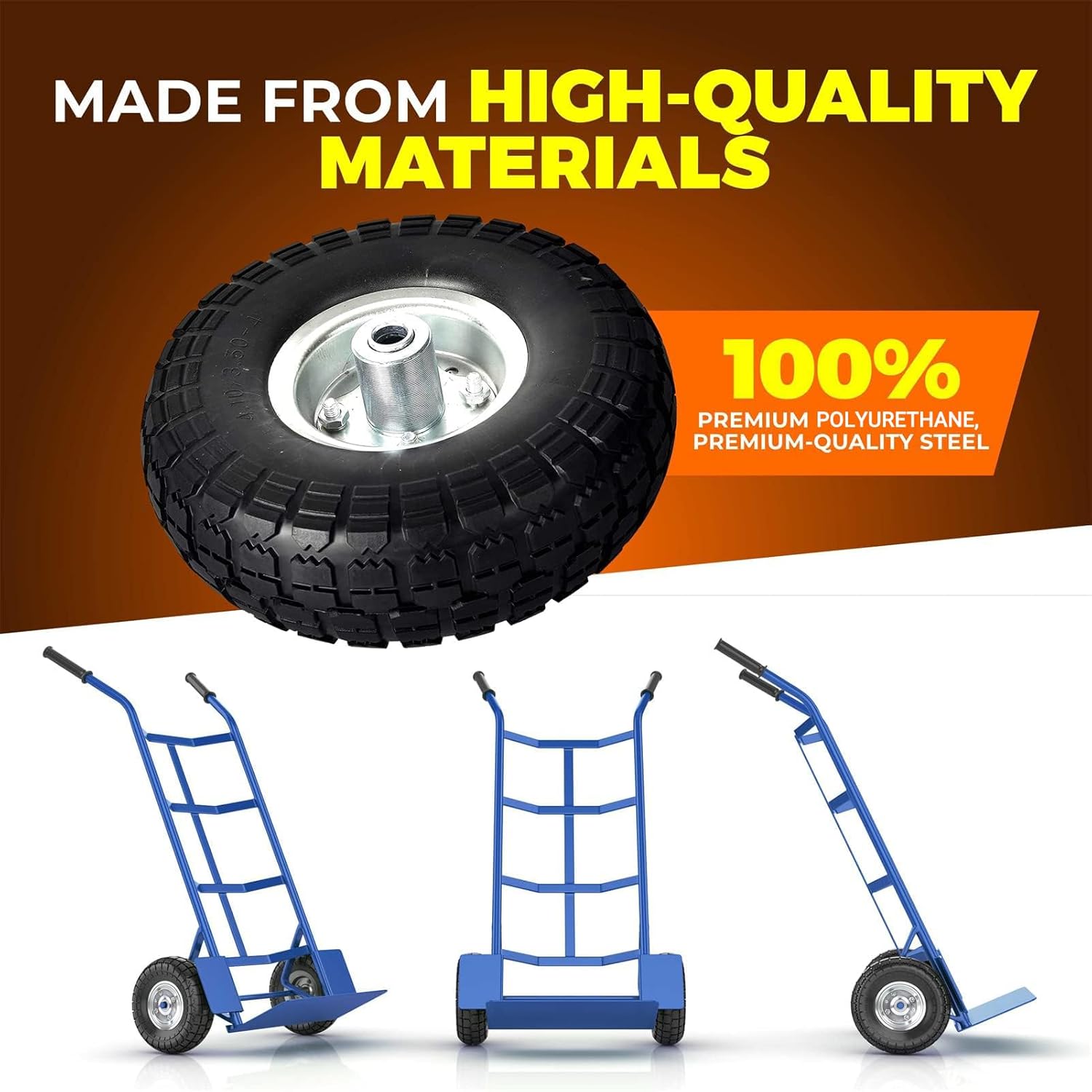 (2-Pack) 10-Inch Solid Rubber Tire Wheels - Replacement 4.10/3.50-4" Flat Free Tire with 5/8" Bearings, 2.2" Offset