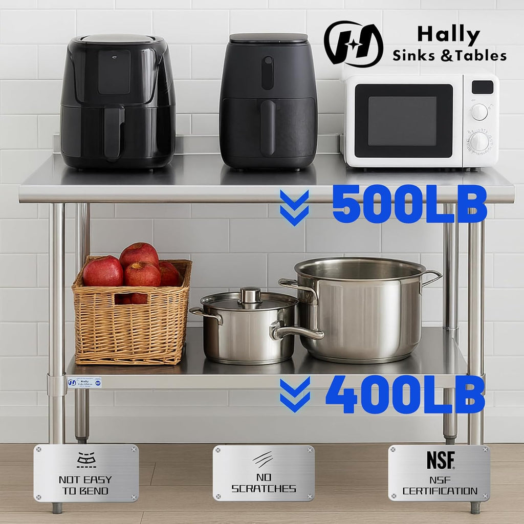 Hally Stainless Steel Table for Prep & Work 24" x 60" with Backsplash NSF