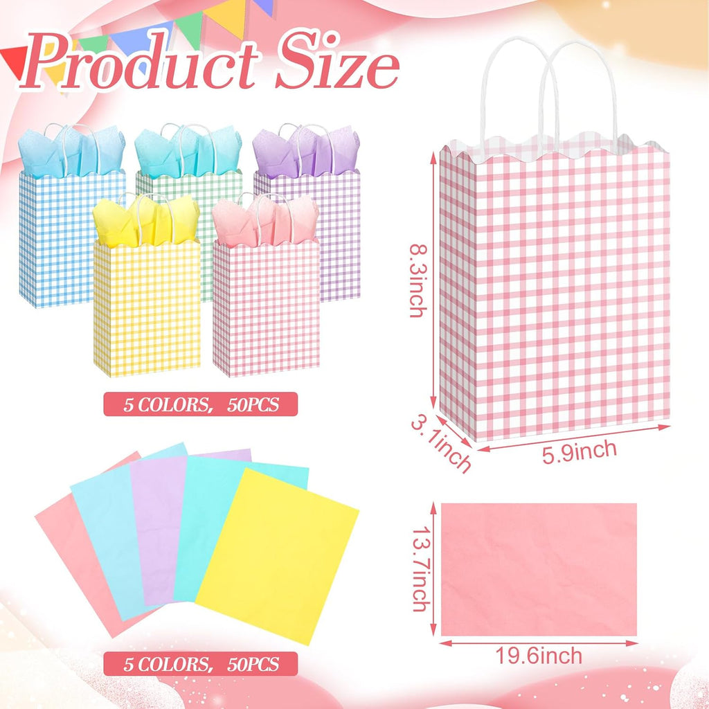 50 Pcs Pastel Gift Bags with Handles and Tissue Paper,Gingham