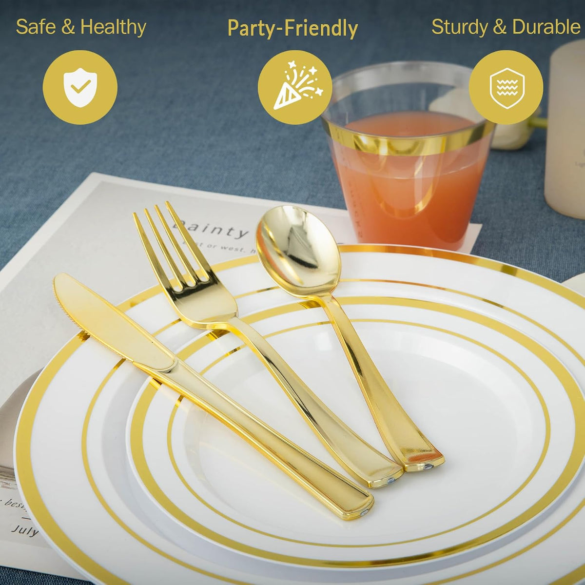 600PCS White and Gold Plastic Plates, Disposable Dinnerware Set