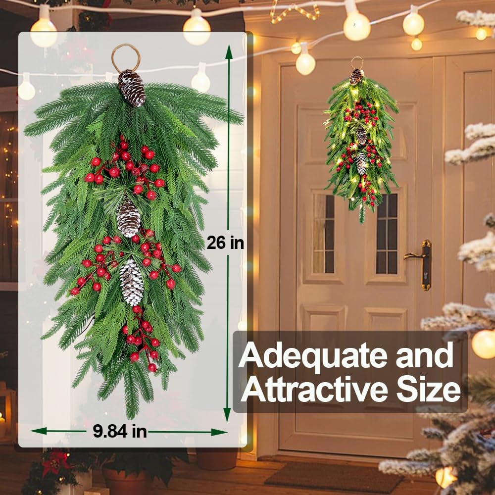 2025 Upgraded 26inch Christmas Swag with Lights Lush Norfolk Pine Teardrop Swags Christmas Wreaths with Lights