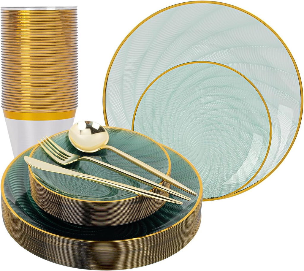 180PCS Green Plastic Plates Gold Rim, Disposable Party Dinnerware Set