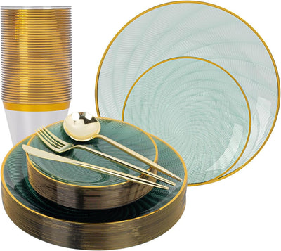 180PCS Green Plastic Plates Gold Rim, Disposable Party Dinnerware Set