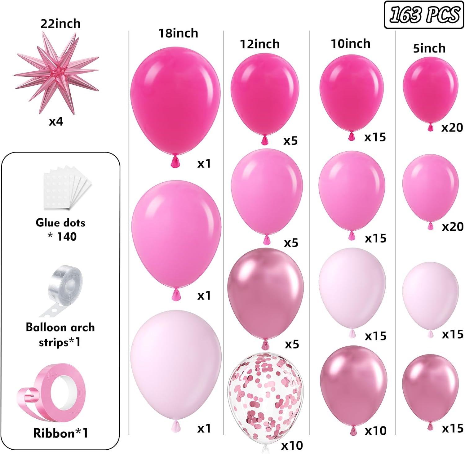 Pink Balloons Garland Arch Kit 163pcs with Star, Hot Pink Metallic Pink Shades of Pink Valentine's Day Balloons for